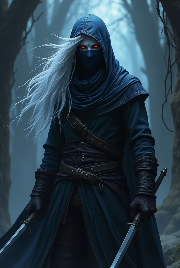 elfa drow, blue fur, Eyes red, white hair, assassin outfit with two daggers, scar on eye, hood on the head, covered by mask