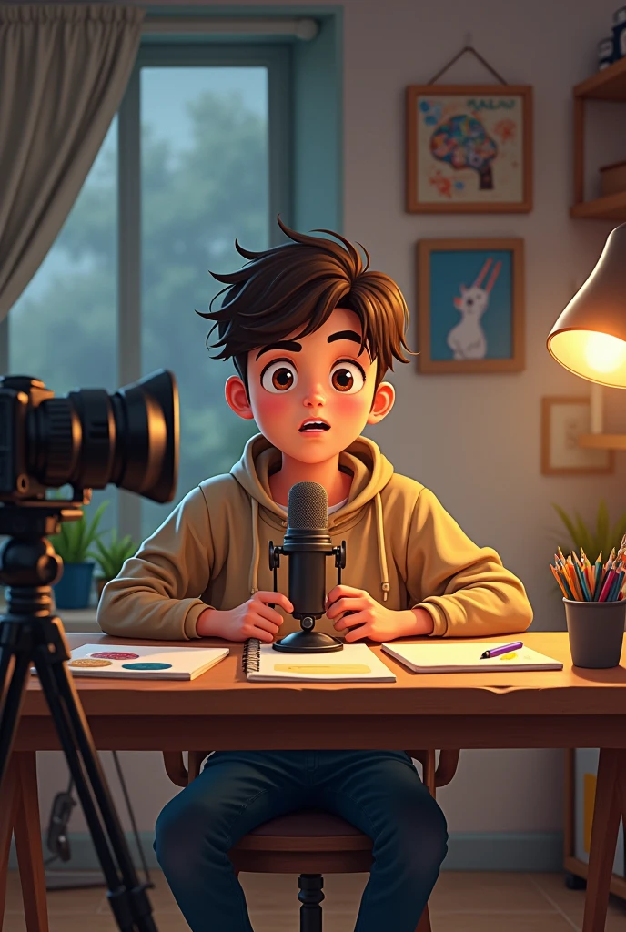 a boy ager who set on his studio in front camera with a mic and talking. 2d picture 