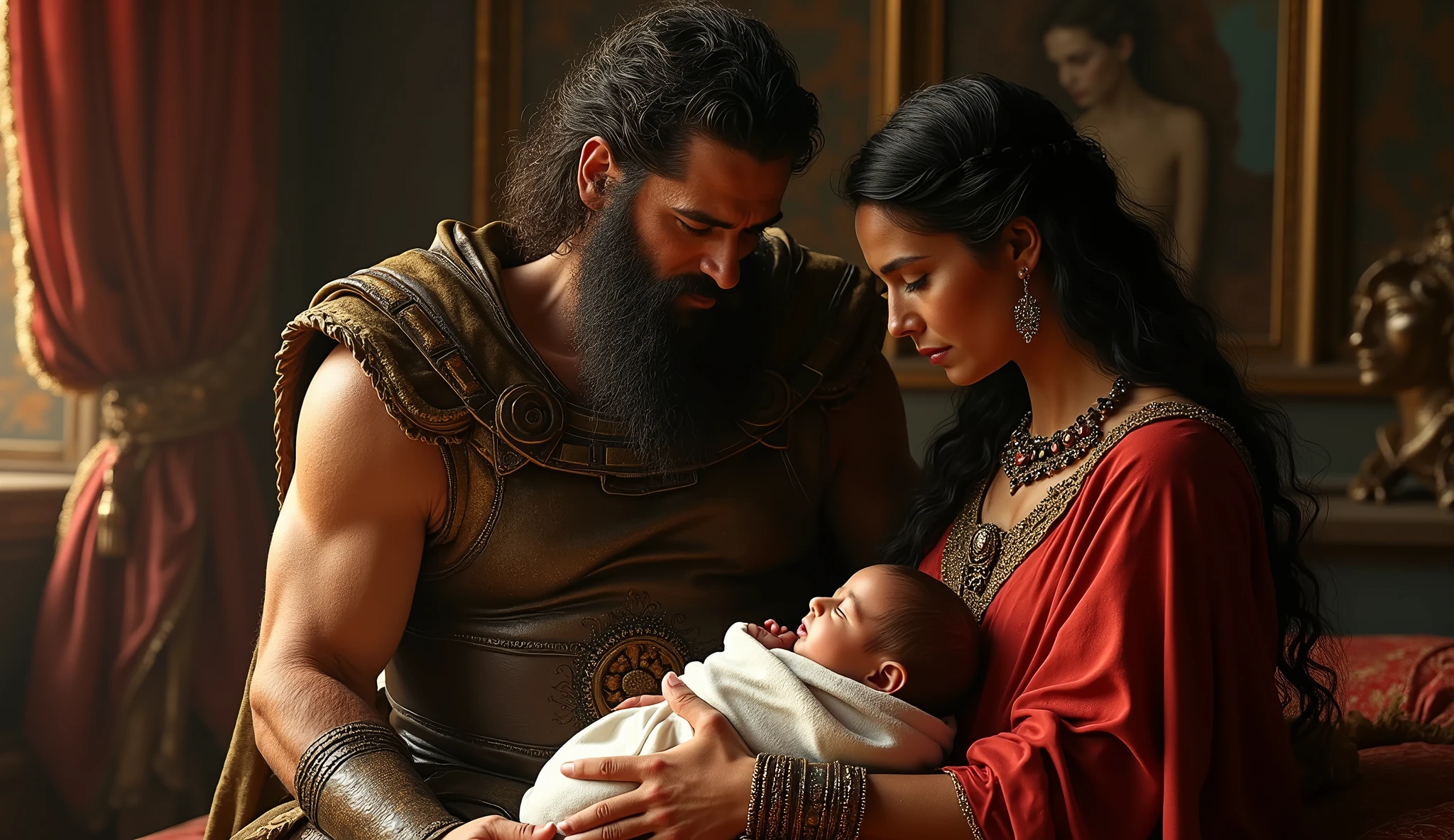 king Priam of Troy, black beard, (age 35), with his Queen (age 25), sitting on bed with a newly born in her lap, she is weeping softly, the king has a serious face, best quality, 8k, cinematic