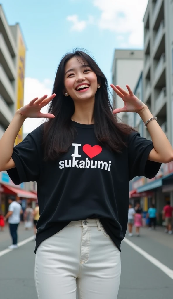 Hyper realistic photography, a beautiful korean girl, "long straight hair style", was standing on the side of the road, both hands form love, wearing a black oversize t-shirt with writing "I love Sukabumi", wearing white pants, wearing white compass shoes, happy smiling, wearing a bracelet, street background, buildings, many, realistic highly detailed objects, looks real and clear, bright background not blur, natural 3D, 8k ultra hd