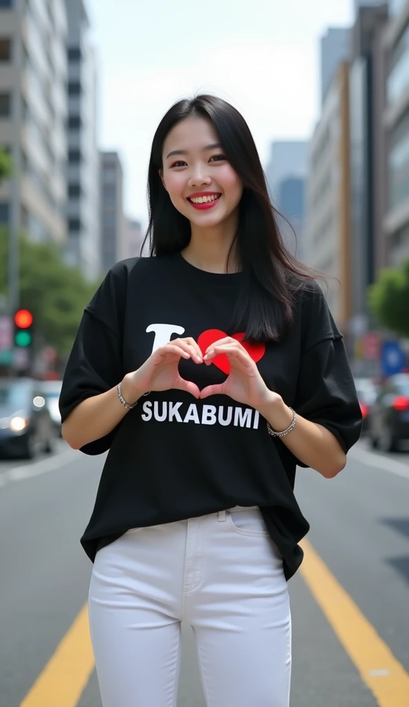 Hyper realistic photography, a beautiful korean girl, "long straight hair style", was standing on the side of the road, both hands form love, wearing a black oversize t-shirt with writing "I love Sukabumi", wearing white pants, wearing white compass shoes, happy smiling, wearing a bracelet, street background, buildings, many, realistic highly detailed objects, looks real and clear, bright background not blur, natural 3D, 8k ultra hd