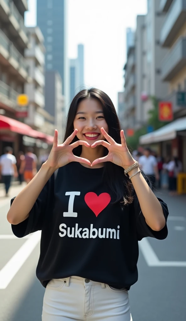 Hyper realistic photography, a beautiful korean girl, "long straight hair style", was standing on the side of the road, both hands form love, wearing a black oversize t-shirt with writing "I love Sukabumi", wearing white pants, wearing white compass shoes, happy smiling, wearing a bracelet, street background, buildings, many, realistic highly detailed objects, looks real and clear, bright background not blur, natural 3D, 8k ultra hd