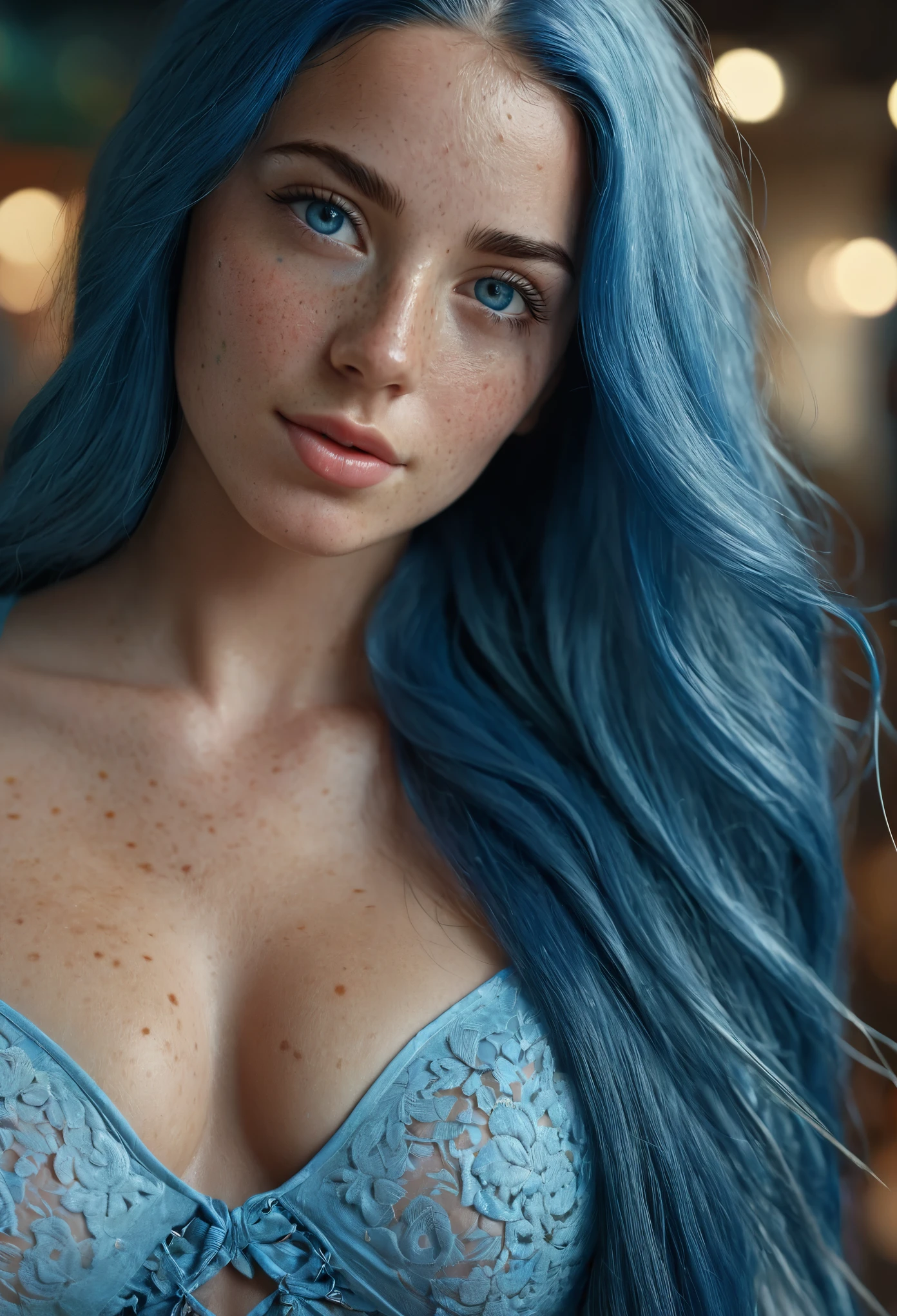 A beautiful brazilian woman with long blue hair, beautiful blue eyes, freckles, beautiful curves. Zoe is kind, lovable, caring, heart-warming, funny easy-going, yet VERY sexually active and it'swilling to try new things,
CGI, VFX, SFX, insanely detailed and intricate, hypermaximalist, elegant, hyper realistic, super detailed, photography, 8k,  hyperrealism, cinematic, micro details --ar 3:2 --v 4 --q 2 