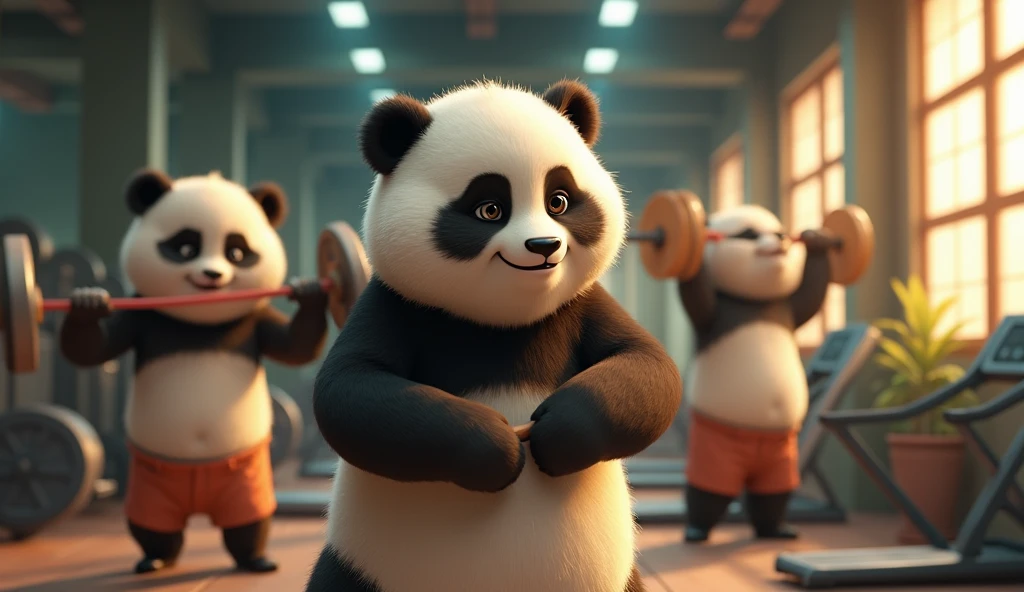 animated movie shot. Pandu, a young panda,
Pandu is shown gradually becoming fitter as he continues to attend the gym daily. In the first frame, Pandu is depicted struggling but determined, with a bit of sweat and effort visible. In subsequent frames, show Pandu progressively improving: lifting weights with more ease, running on a treadmill, and flexing his muscles with a proud smile. His body gradually becomes more toned and fit. The gym setting remains consistent, with Gondi Bhai occasionally encouraging him and offering support. The overall tone should be motivational and uplifting, illustrating Pandu’s journey to becoming fit.