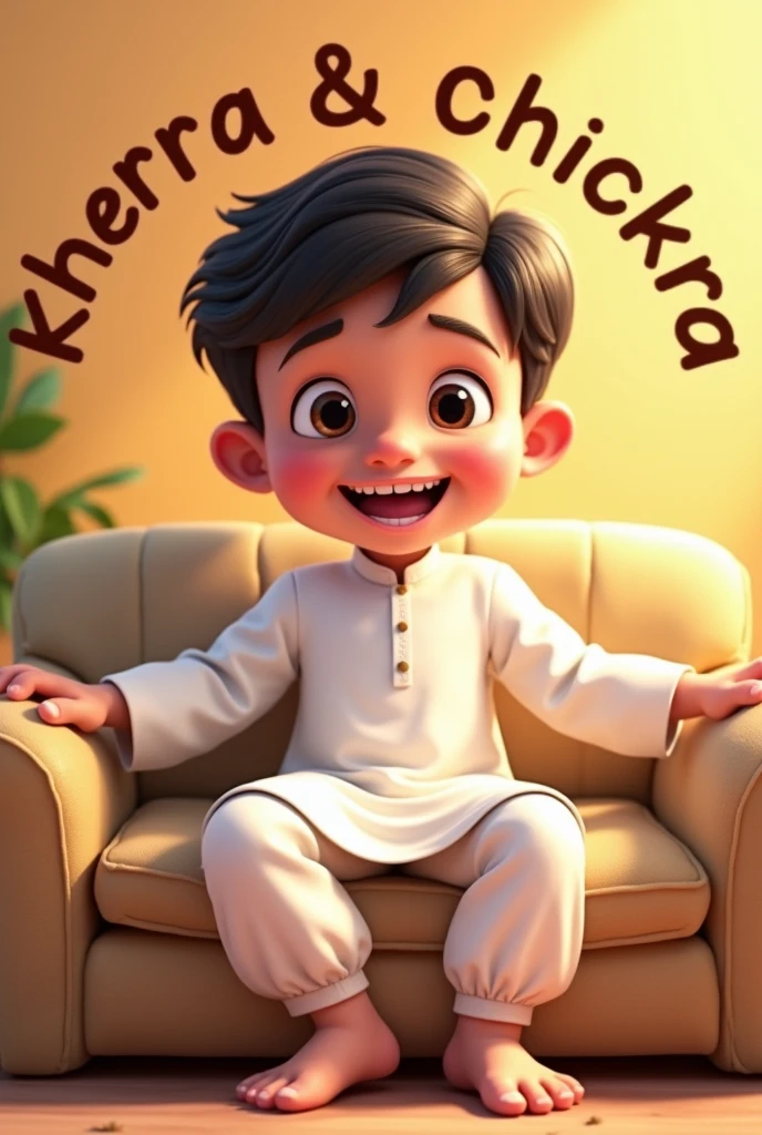 boy wearing kurta pajama white colour and setting on a sofa and smiling and too much too much gaps in him teeths and write Kherra and chikka in big letters