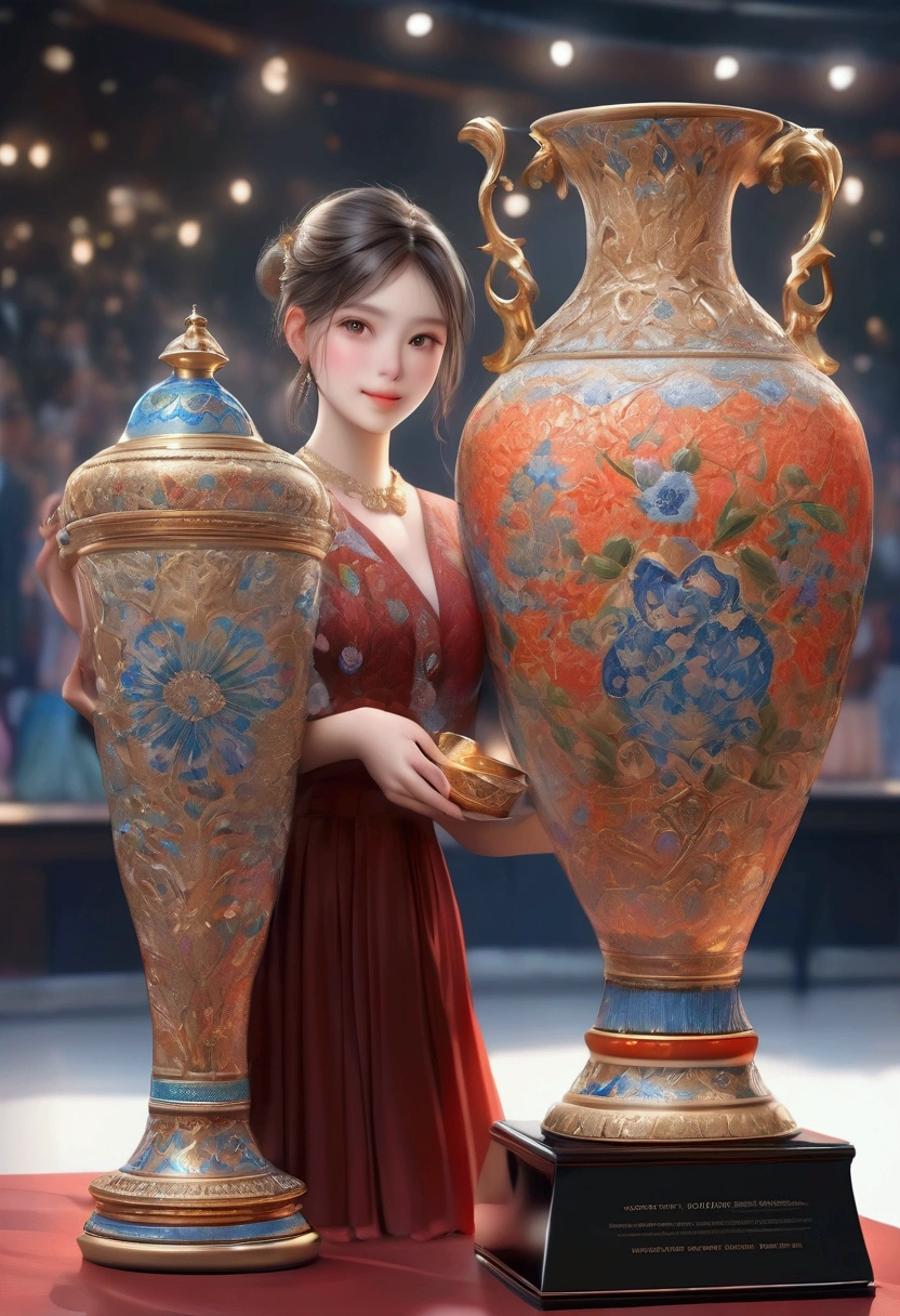 beautiful cute award winner girl,  holding ceramics vase trophy at the award ceremony, a stylish championship ceramics vase trophy held up by the winner on the podium,  with a beautiful, arita-ware, intricate ceramic design, detailed relief patterns, vivid colors, (best quality,4k,8k,highres,masterpiece:1.2),ultra-detailed,(realistic,photorealistic,photo-realistic:1.37),studio lighting,extreme detail description,professional,vivid colors,award,ceramic,elegant,ornate,detailed,highly detailed