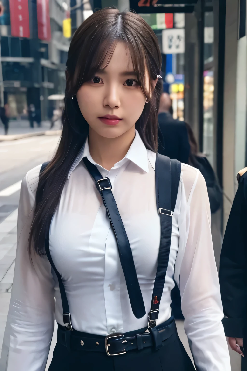 a woman in a suit, belt, hands behind back, sweating, suspenders, black pants, sexly, large breasts, see-through clothing, rain, detective, office worker, white button-up shirt, (best quality,4K,8k,highres,masterpiece:1.2),ultra-detailed,(realistic,photorealistic,photo-realistic:1.37),hyper-detailed,highly detailed face and body, Slender thin suspenders Moderate breasts See-through shirt Nipples holster chain Pistol Armament criminal Female criminal knife profile Japanese women arrested handcuff belt