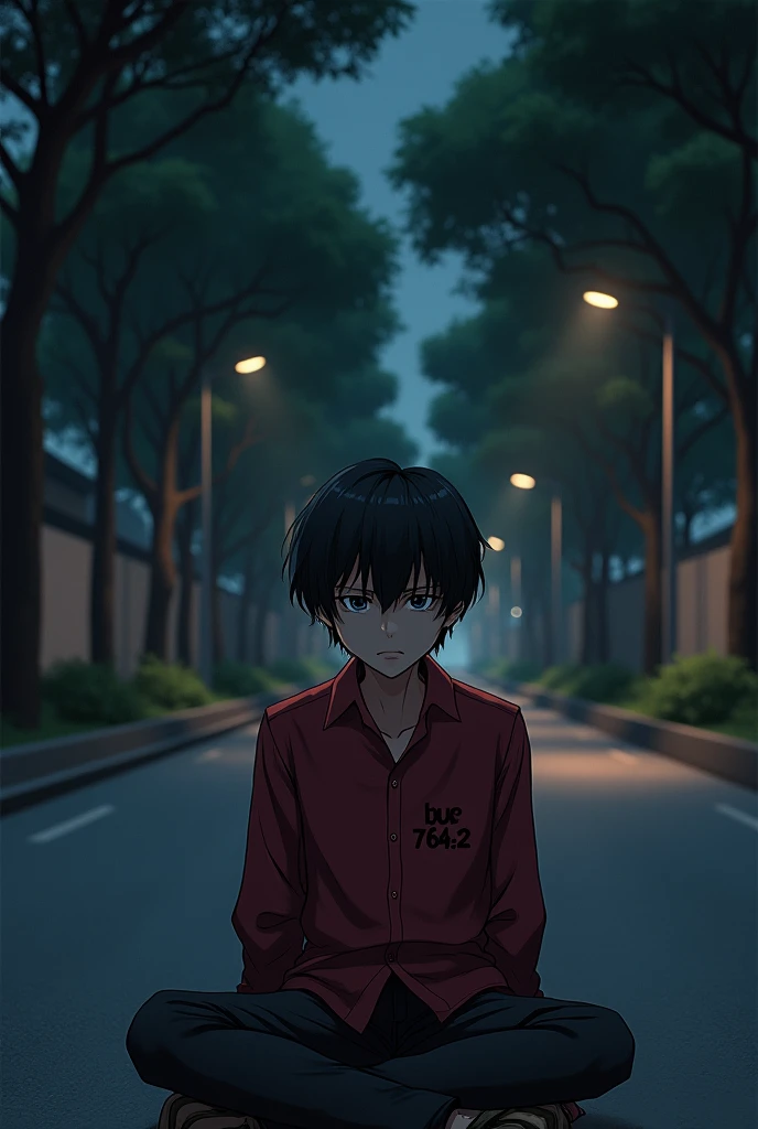 A boy with short hair and beard sitting sad and wants some attention wears a red formal shirt with 7642 written on it and the background should a empty night road with some street light and trees