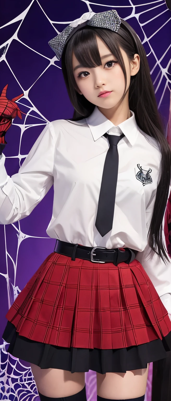 Cool Spider Idol Girl、whole body、Good style、、、、、、、、、、Thick legs、、Spider-covered uniform（Skirt with a spider web pattern）、Cool girl face、、、、Giant spider web、、Spider Belt