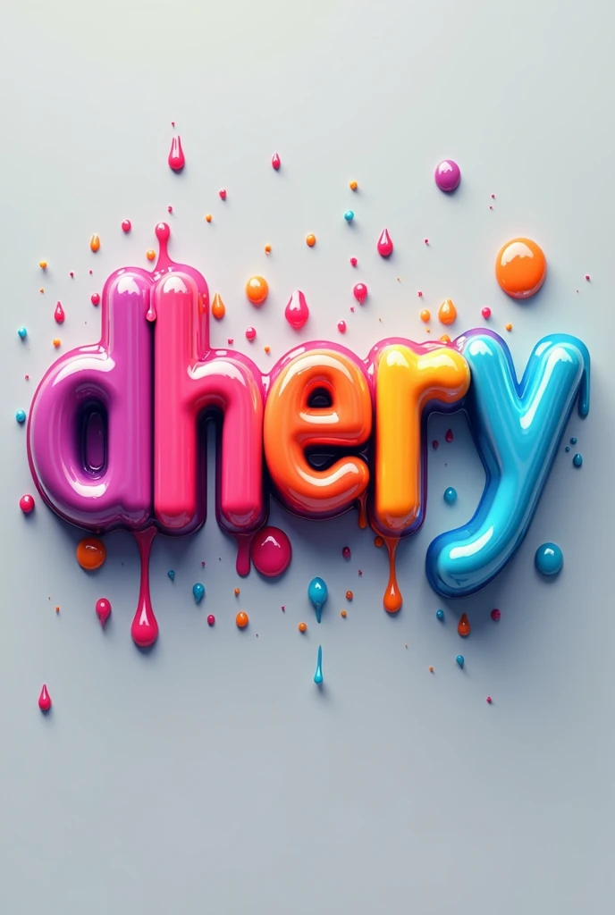 image features the word “Dhery” written in a vibrant, glossy, and stylized font. Each letter is a different color, giving the text a lively and artistic appearance. The letters look as if they are made of liquid or gel, with smaller droplets scattered around them, enhancing the three-dimensional effect. The background is neutral-toned, which makes the colorful text stand out even more. This design could be great for branding, art projects, or any creative endeavor where a striking and colorful visual is desired.
