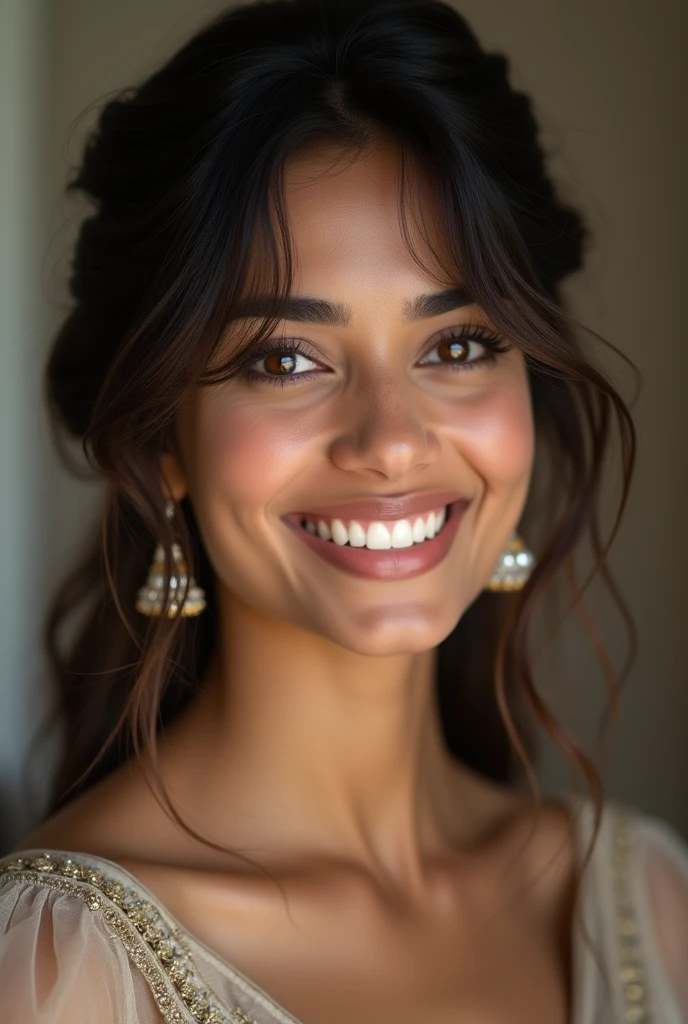 There is a young, Beautiful indian woman, who looks to the future like Katrina Kaif, Smiles into the camera, beautiful teeth, She looks into the camera, a portrait from raw photo, body, conservative modern europen color dress, ((hair Curtain Bangs),