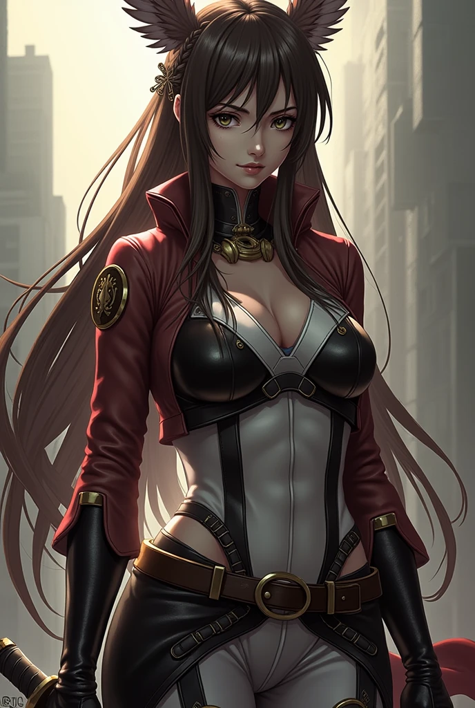 Art in the style of the anime Attack on Titan, full - body art: uma mulher de 20 anos, with long dark brown hair, with a braid over the shoulder on one side of the head, and on the other side a large hair clip in the shape of a butterfly wing. With black and gold leather clothes covering the entire body, high collar, holding a katana