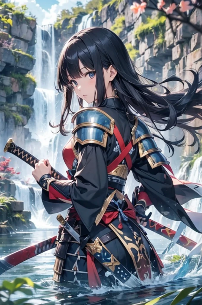 Anime character wearing warrior clothes、滝のそばでswordを持っている。, sword, arms, One Girl, armor, Black Hair, Holding, alone, View your viewers, Shoulder Armor, Outdoor, Japanese armor, water, knife, generally, swordを握る, armsを持っている, sheath, Long Hair, bangs