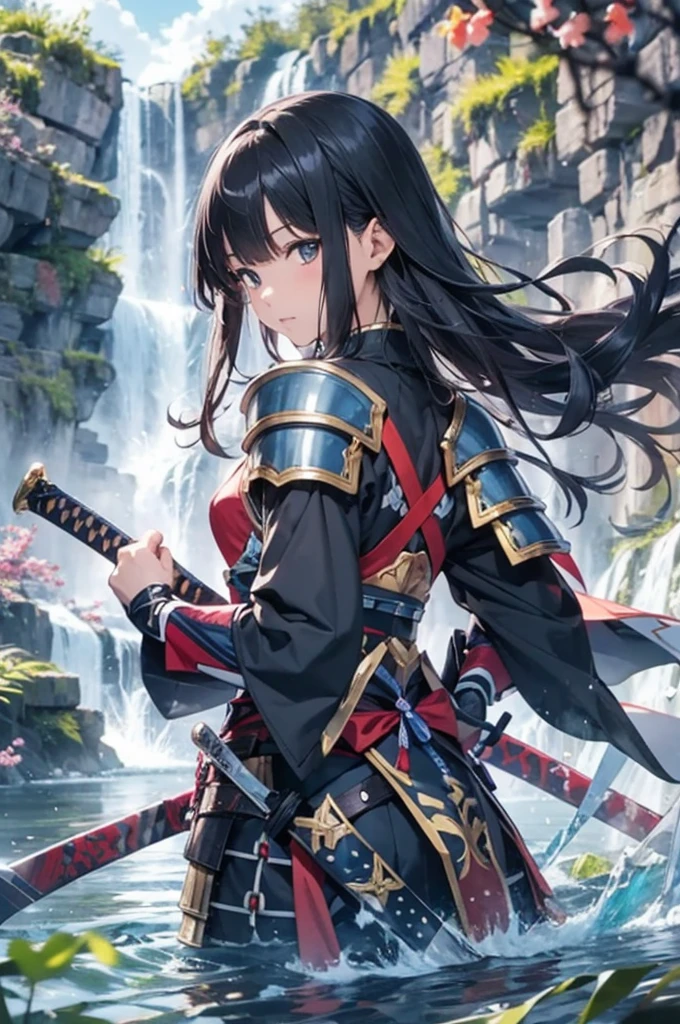 Anime character wearing warrior clothes、滝のそばでswordを持っている。, sword, arms, One Girl, armor, Black Hair, Holding, alone, View your viewers, Shoulder Armor, Outdoor, Japanese armor, water, knife, generally, swordを握る, armsを持っている, sheath, Long Hair, bangs