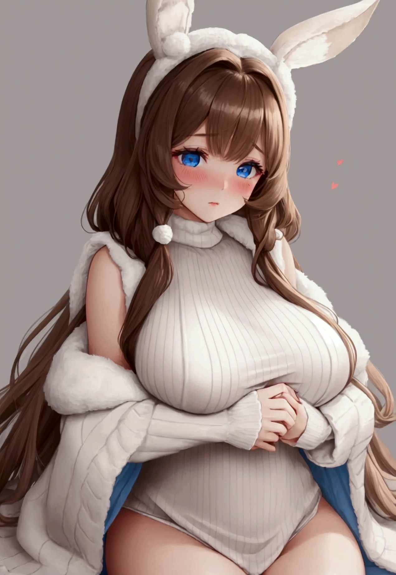 woman with long brown hair and large bunny ears. She is wearing a white, ribbed sweater and a fluffy white shawl that adorns her shoulders. Her expression is soft and slightly shy, with faint blush on her cheeks, and she has striking blue eyes,large breast,large thighs