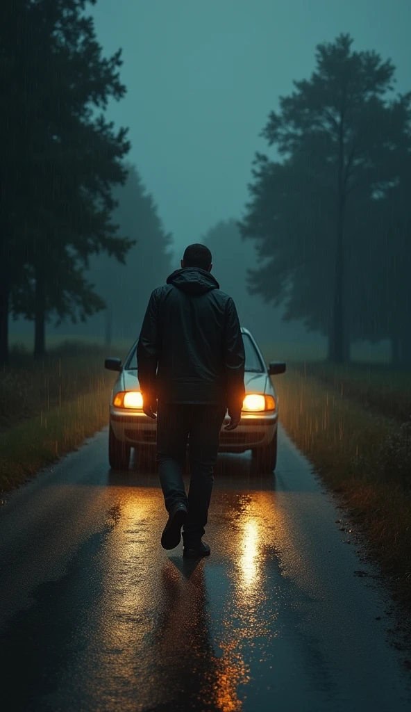 man walking beside car in deserted country place in rain in middle of night holding flashlight