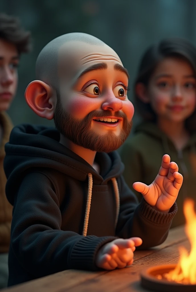 A small beard bald boy small eyes big nose with black hoody telling stories