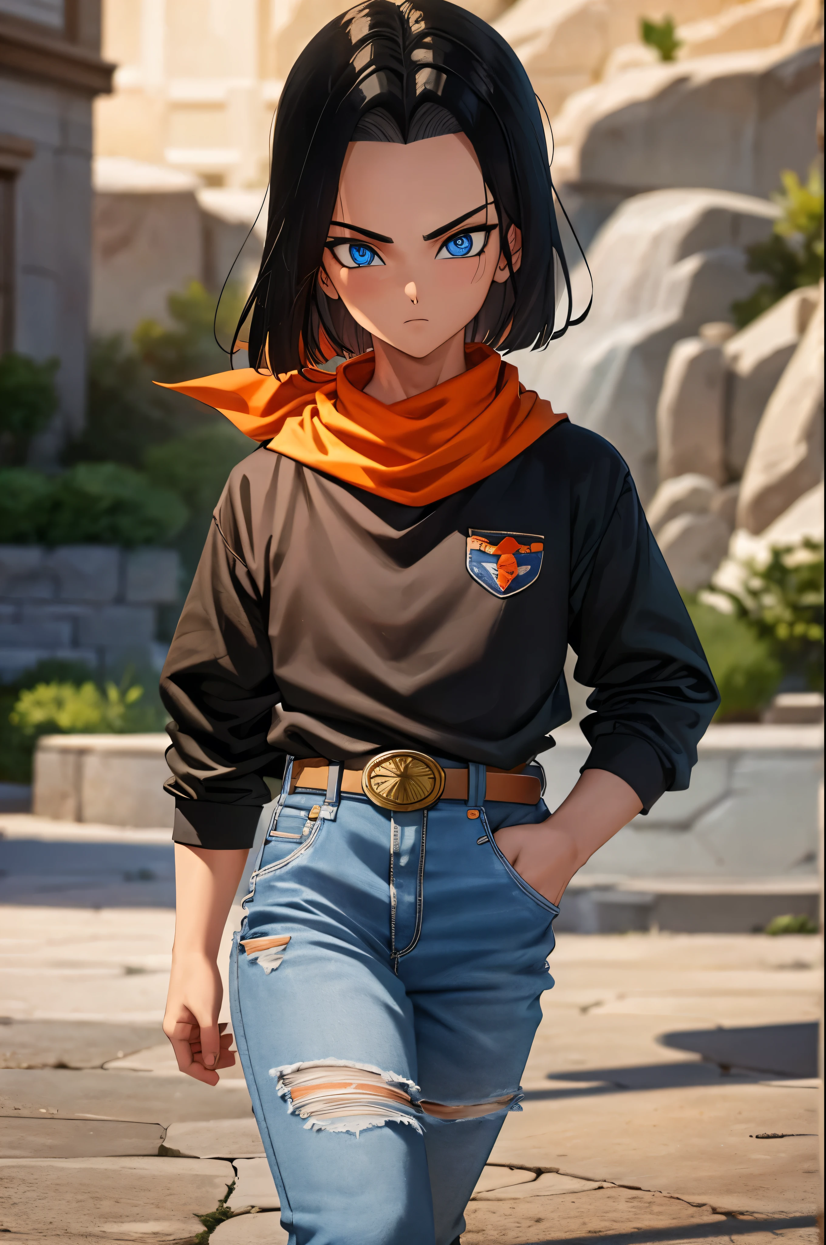 A masterpiece, best quality, detailed and expressive eyes, perfect facial features, high resolution, 1 boy, alone, android 17-inspired boy, (male body:1.3), blue eyes, black hair, parted hair, short hair, black shirt, jeans, layered shirt, white sleeves, orange bandana, blue sneakers, green socks, brown belt, red freckles, outdoor, landscape, standing, portrait, looking at viewer