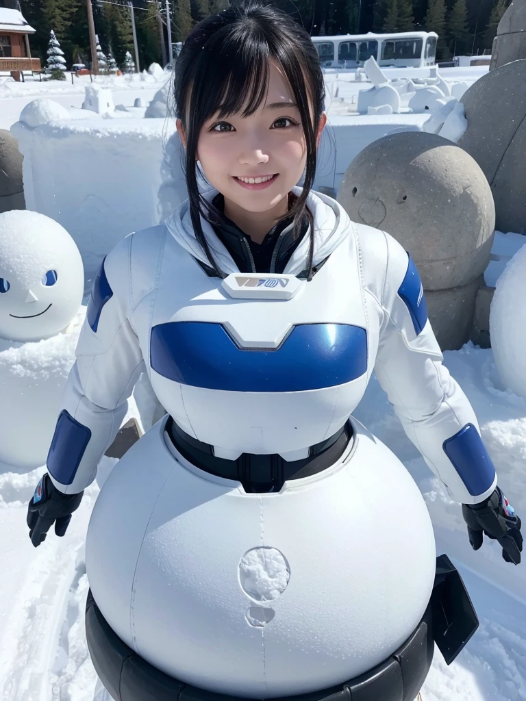 Japanese female android,Black Hair,White and blue robot suit,Plump,Looking at the large snow sculptures at the ski resort,smile