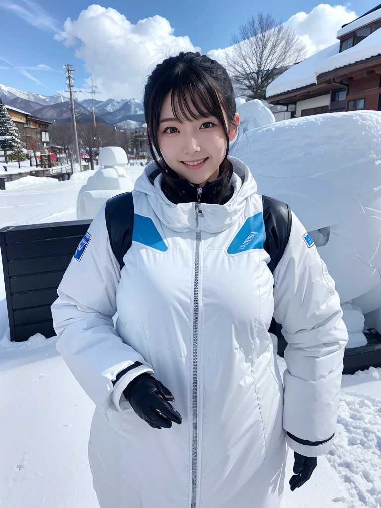 Japanese female android,Black Hair,White and blue robot suit,Plump,Looking at the large snow sculptures at the ski resort,smile