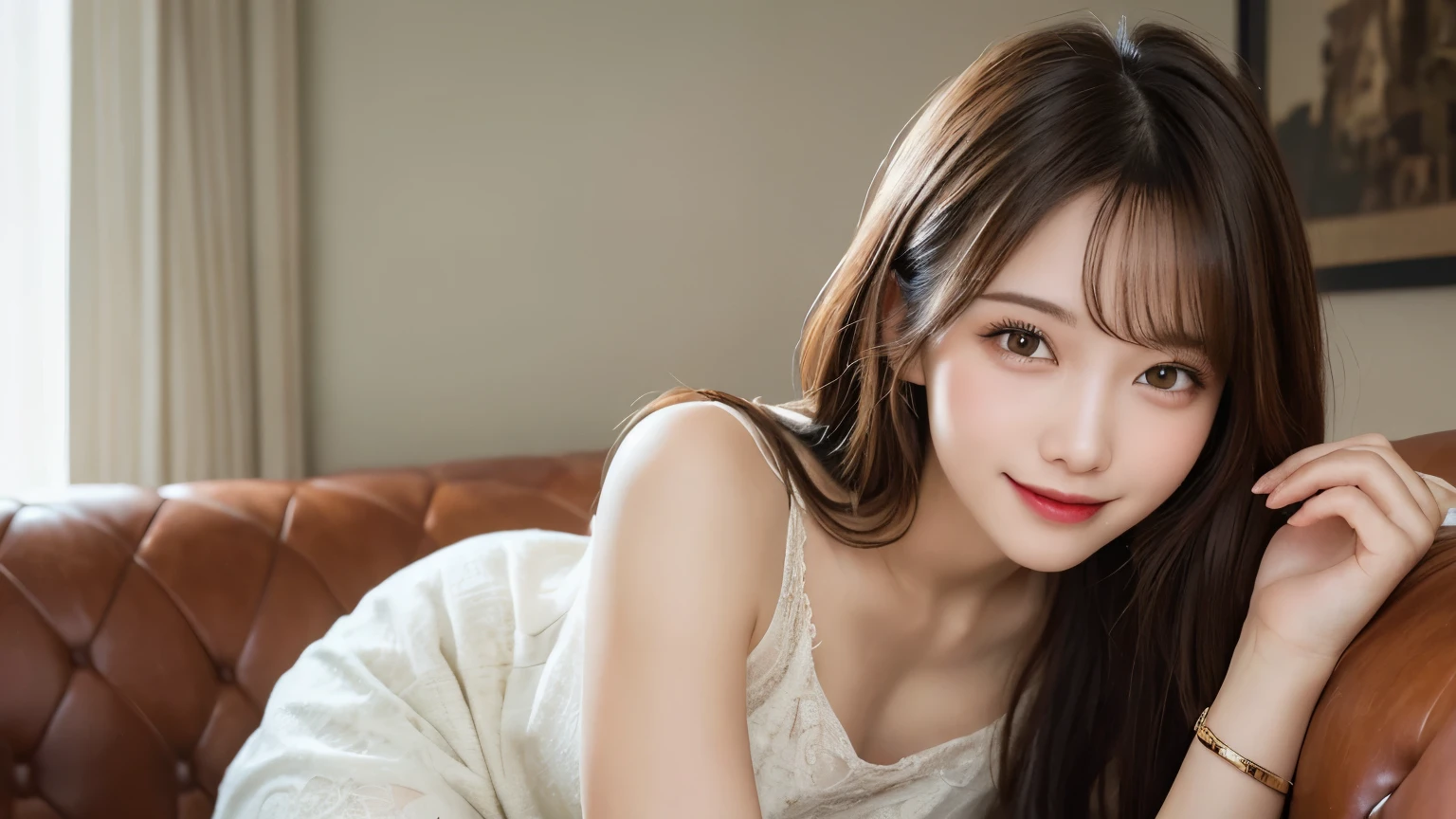 Highest quality, figure, Super detailed, In detail, High resolution, 8k wallpaper, Perfect dynamic composition, Beautiful attention to detail, Medium chest, Natural color lip, Random sexy poses,smile,、1 girl、Beaver,Long Hairstyles,bright,Mini skirt dress,sofa,Sitting