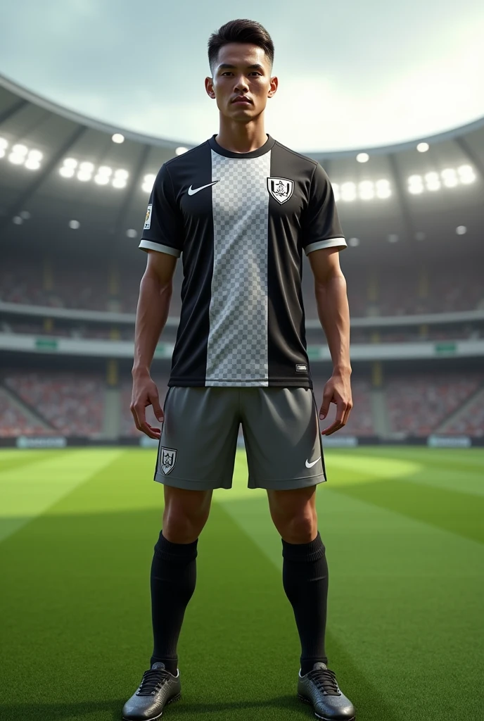 football uniform, tricolor shirt, black white gray checkered, Grey shorts, blackstockings.