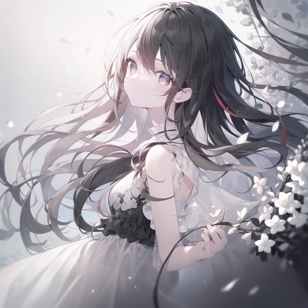 ((masterpiece, best quality))++, Detailed lighting+, Detailed hair+, Detail hand+ ,1 girl, Miss, Neat long hair, Crimson eyes, beautiful eyes, Young black and white hair,,(Beautiful black and white hair:1.5),(Beautiful and delicate eyes), high resolution+,glass tint, Reflective eyes, {{angle}} , Very detailed wallpaper, The original, Extremely beautiful CG,Firefly,Nature,Sea of Flowers