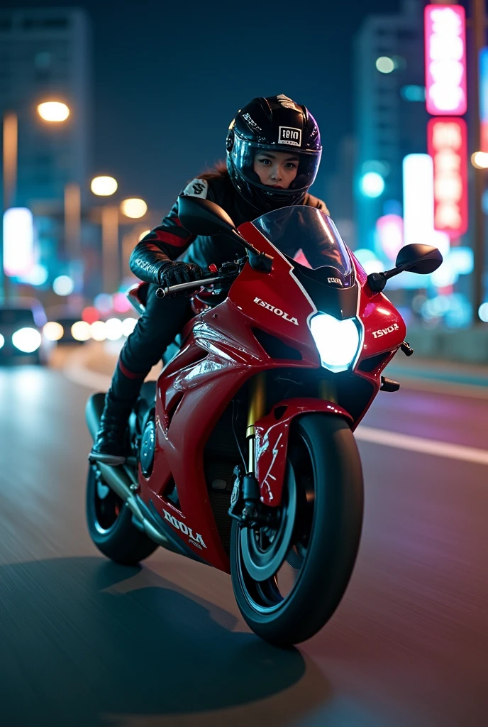beautiful Japanese girl, Riding on a super cool sport motorcycle, at highway in metropolitan at night, high speed, dramatic scene, masterpiece, face focus,  beautiful eyes, Honda bike, Shoei helmet, professional racer's outfits, Adios gesture, shoot from side