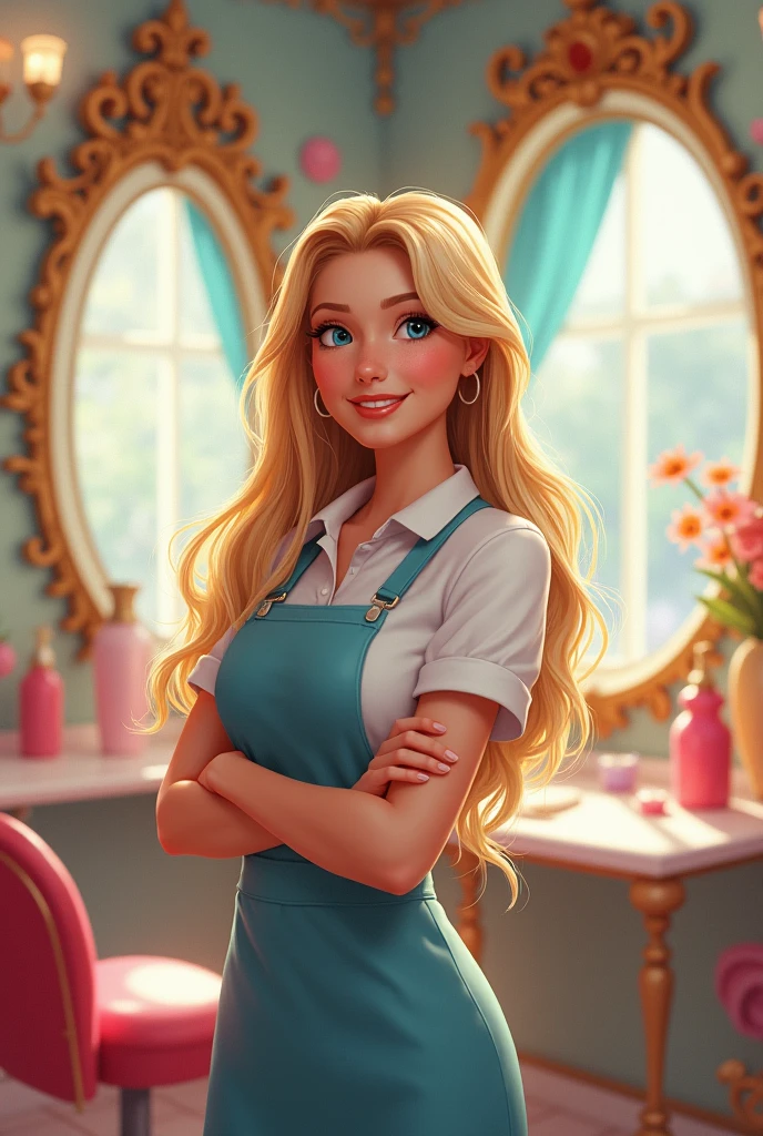 A blonde woman with blue eyes,length hair, work clothes as a beautician, Disney art.