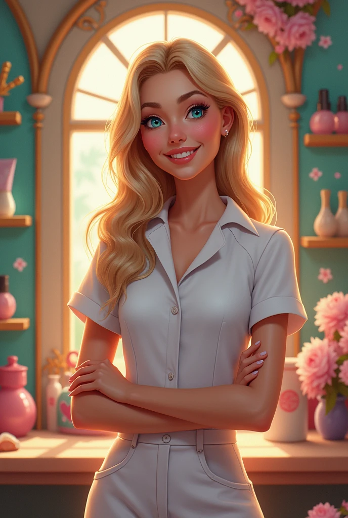 A blonde woman with blue eyes,length hair, work clothes as a beautician, Disney art.