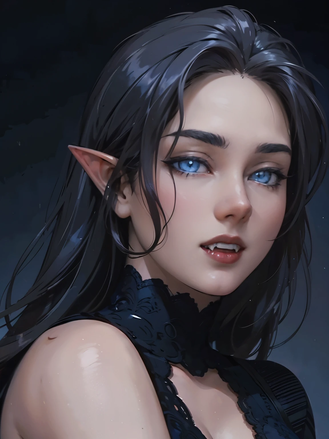  beautiful  vampire woman in her 30s, with blue eyes and striking features, exuding maturity and allure in a seductive pose.(dark-blue background), pointy ears, glowing blue eyes,  fangs, beauty, white long hair, an14