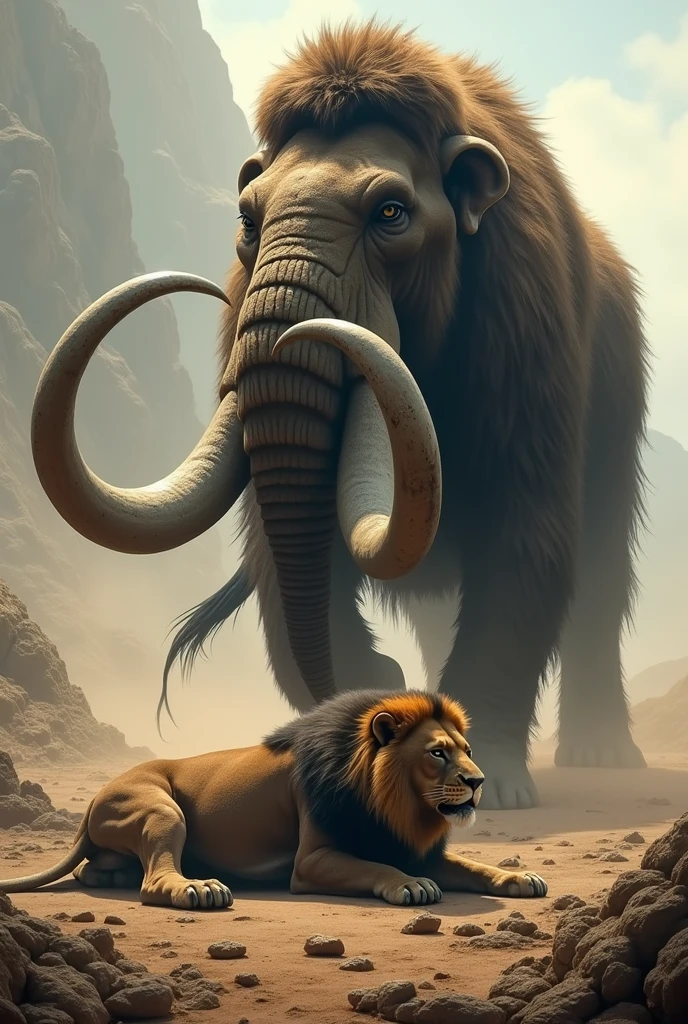 Imagine a dramatic scene where a massive, towering mammoth triumphs over a ferocious lion in a fierce battle. The mammoth, with its long, curved tusks and thick, shaggy fur, stands tall and proud in the aftermath of the fight. The ground is marked by deep footprints and signs of struggle. Nearby, the lion, once a powerful predator, lies defeated, its body showing signs of a hard-fought but ultimately unsuccessful confrontation. Describe the setting, the emotions, and the atmosphere of this powerful moment of nature's raw conflict."