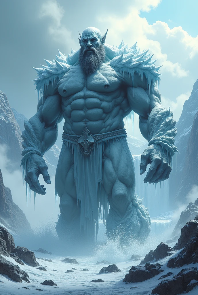 (Good structure),High dynamic range,ultra high definition,8k,gigante de ice,giant clan, barba, cloud, cloudy sky, day, facial hair, ice, male focus, Mountain, muscular, Muscular male,half buried in the ground,Covered in ice,Frozen in the body,shoulder armor,iceberg, outdoor, pectorals, pointy ears, rock, scar, sky, snow, Alone, splash, waterfall, by white,Incomplete body