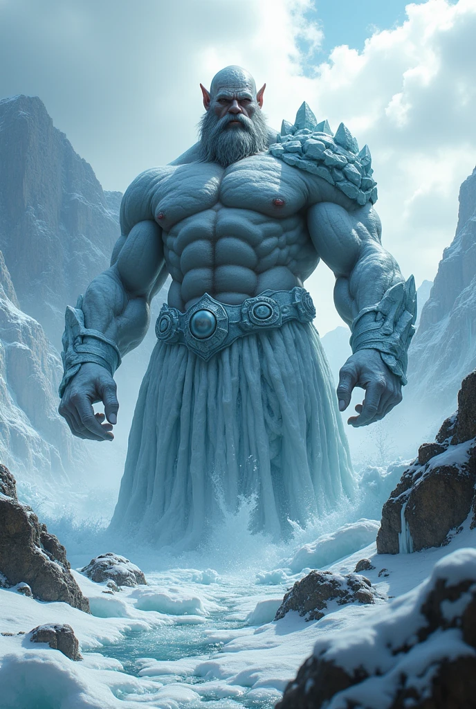 (Good structure),High dynamic range,ultra high definition,8k,gigante de ice,giant clan, barba, cloud, cloudy sky, day, facial hair, ice, male focus, Mountain, muscular, Muscular male,half buried in the ground,Covered in ice,Frozen in the body,shoulder armor,iceberg, outdoor, pectorals, pointy ears, rock, scar, sky, snow, Alone, splash, waterfall, by white,Incomplete body