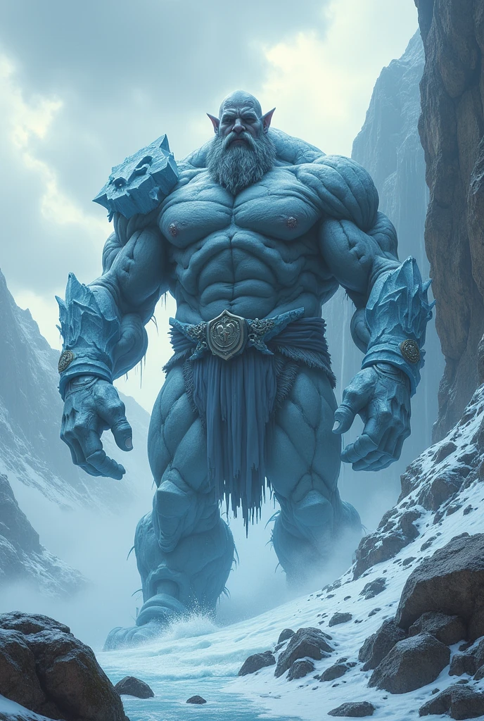 (Good structure),High dynamic range,ultra high definition,8k,gigante de ice,giant clan, barba, cloud, cloudy sky, day, facial hair, ice, male focus, Mountain, muscular, Muscular male,half buried in the ground,Covered in ice,Frozen in the body,shoulder armor,iceberg, outdoor, pectorals, pointy ears, rock, scar, sky, snow, Alone, splash, waterfall, by white,Incomplete body