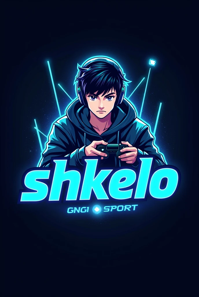 This is a gaming logo that features the name "SHKELO" in a futuristic font and a neon blue color. and Boy Anime avtar, The logo also has a stylized controller icon and a YouTube play button in the background. The logo is designed to be attractive and eye- catching, and to appeal to gaming enthusiasts and YouTube viewers Ihone