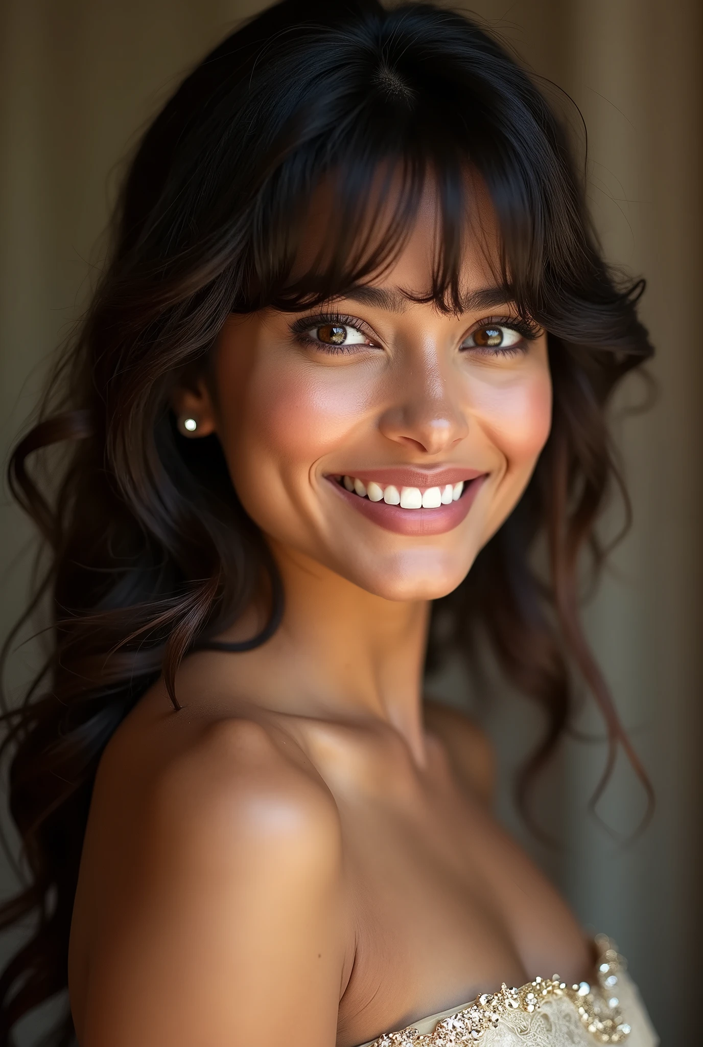 There is a young, Beautiful indian woman, who looks to the future like Katrina Kaif, Smiles into the camera, beautiful teeth, She looks into the camera, a portrait from raw photo, body, conservative modern europen color dress, ((hair Curtain Bangs),