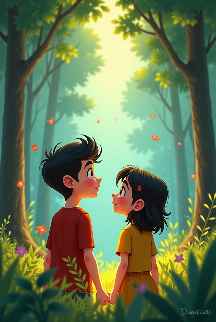 illustration , Maria and Lucas paying attention to the mysterious sound coming from the forest. They look curiously in the direction of the sound., with puzzled expressions. Disney pixar