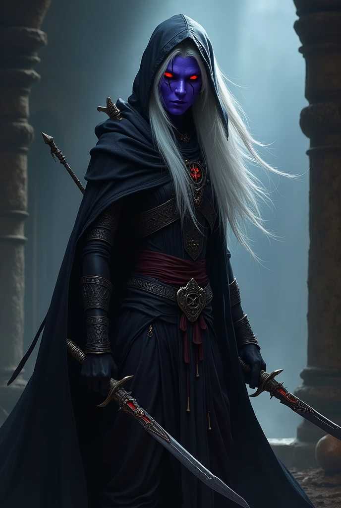 elfa drow, purple skin, Eyes red, white hair, assassin outfit with two daggers, scar on eye, hood on the head, covered by mask