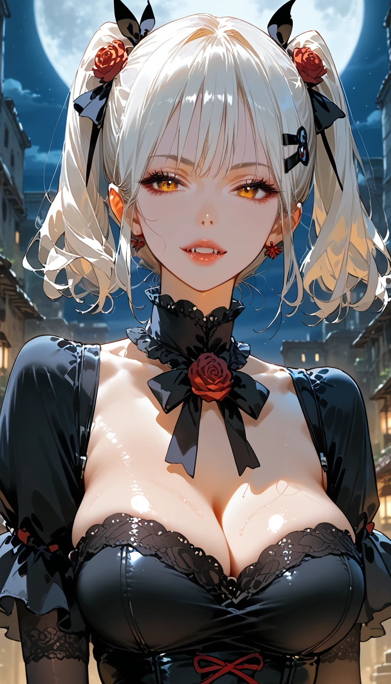 score_9, score_8_up,score_7_up,masterpiece, best quality, perfect anatomy, very aesthetic, official art, 8k,source_anime,2D, megami magazine, rating_safe ,1girl,shiny skin ,gleaming skin,seductive face,eyelashes,lips gloss, vampire_girl, vampire fangs,huge_breasts,short bob hair,twintails, white hair ,hairclip,gothic lolita ,cowboy shot,night,moon,ruins 