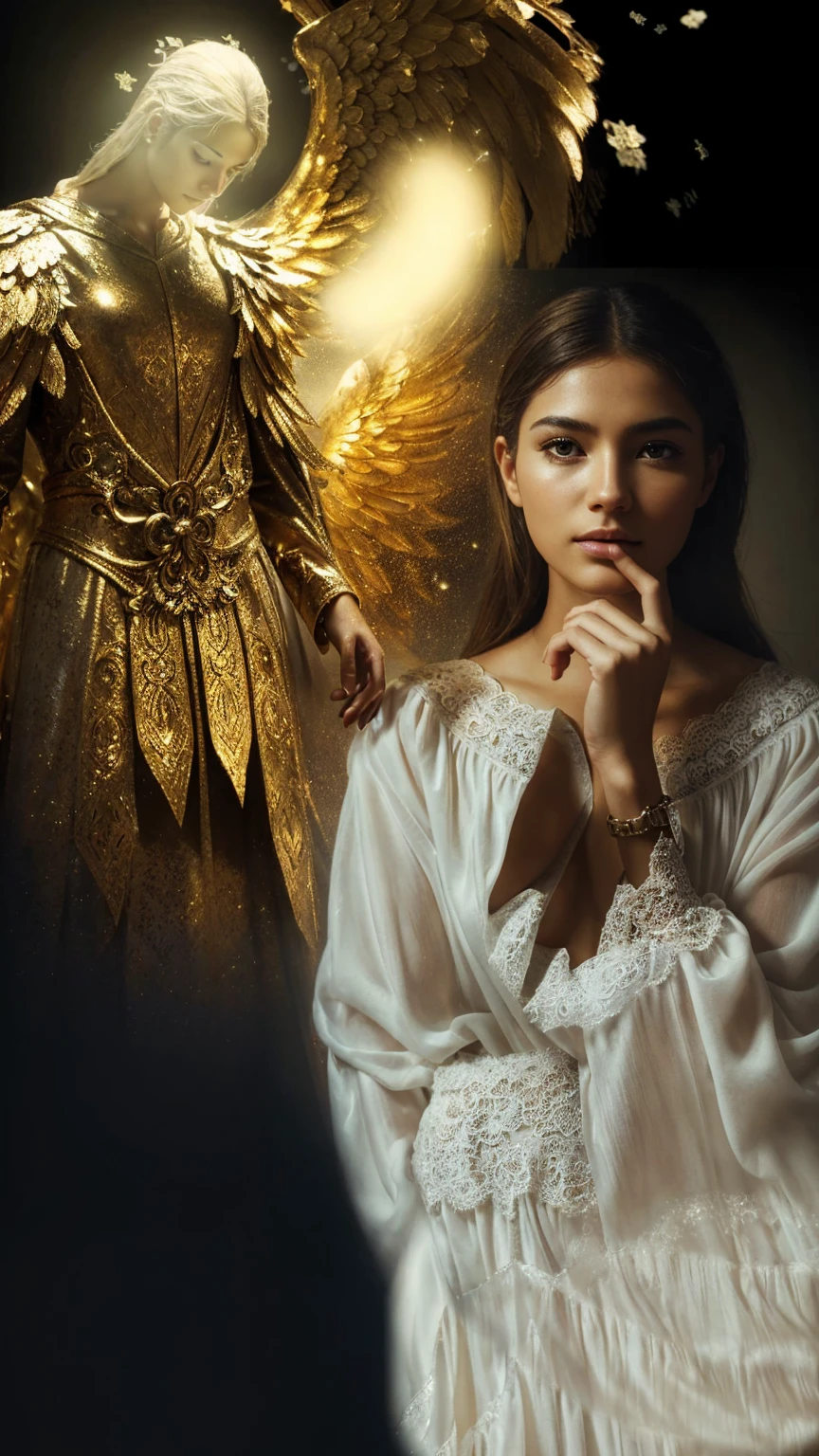 Subtle and beautiful image. A person thinking about something. Next to her is an angel. Dressed in a white tunic, he radiates a lot of light, golden highlights, his outfit is very detailed and defined. Photorealism, full view, very detailed image, very realistic, Ultra HD, 8k, Unreal Engine 5, sharp focus, intricate and mysterious masterpiece. (Long exposure photography Artistic illustration close-up portrait very detailed: final quality, medium shot, backlight, Rich and striking. Enigmatic and mysterious manipulations (composition of the rule of thirds), ((detailed environment with strong lines) The best quality, in camera, white light, warm and clean aesthetics, dazzling screen composed of millions of brilliant ultraviolet rays, HDR.