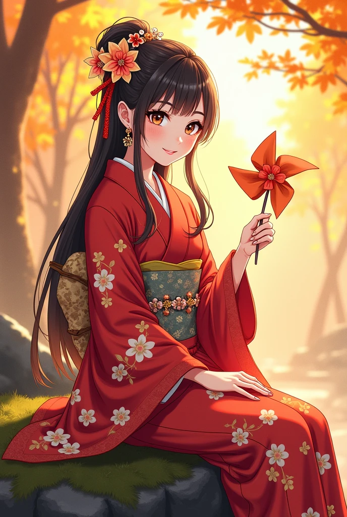 Anime style of Jennie blackpink ( Jennie Kim), detailed beautiful eyes, detailed beautiful face, detailed beautiful nose, in a vibrant red kimono with floral patterns sits gracefully on a moss-covered rock, surrounded by golden autumn foliage. She holds a colorful pinwheel in one hand, a joyful smile on her face. The scene is bathed in soft, warm sunlight, highlighting the intricate details of her traditional attire and the beauty of the surrounding nature. Her hair is adorned with delicate flowers, adding a touch of elegance. The overall mood is light and cheerful, celebrating the beauty of Japanese culture and the autumn season