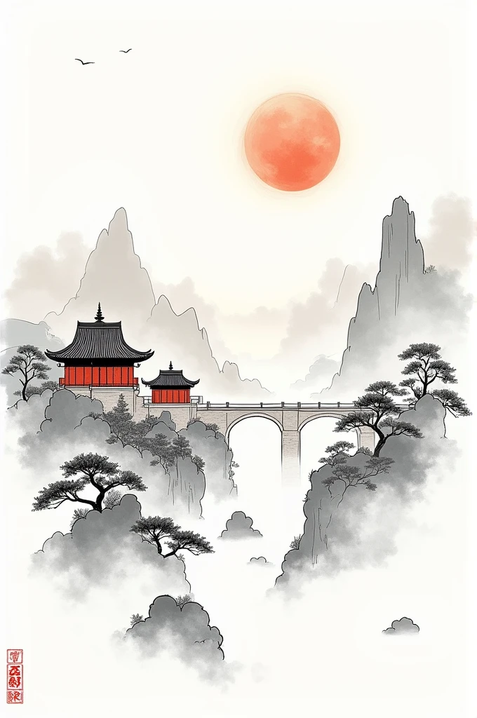 ·A Chinese landscape painting with pavilions,
·single characters,
·ink stamps,(Ink stamp)
·Keith Haring-style graffiti(Graffiti),
·cartoons,
·white background,
·sharp illustrations,
·bold lines and solid colors, (Bold lines and solid colors)
·simple details,
·minimalism,
·3k,