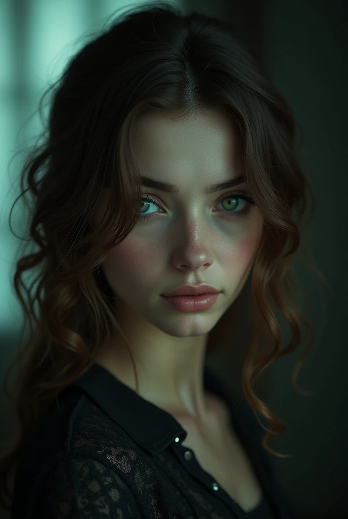 A woman with light brown hair, green-blue eyes, who is haunted by a mystery