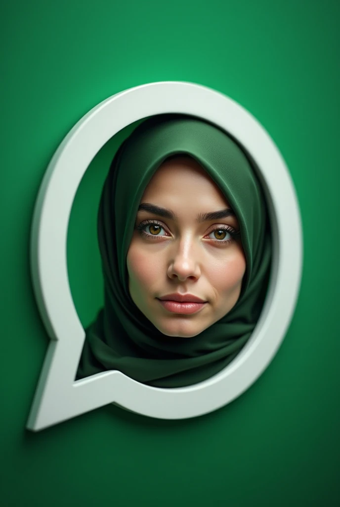 realistic photo, A beautiful 1 woman wearing a hijab and a long-sleeved black shirt with the WhatsApp logo saying Achyr official.wearing black pants black Jordan shoes. WhatsApp background.sitting in a rectangular box with the WhatsApp logo. WhatsApp background. 3d realistic.