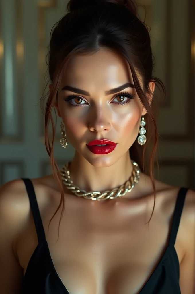 (Please open your mouth wide:1.9), (Semen-covered .:1.8), (Frightened expression:1.5), (A look of contempt:1.5), Luxury hotel interior, Browsing Caution, masterpiece, Highest quality, Accurate, 超High resolution, retina, Very detailed, Awards, High resolution, Anatomically correct, (Realistic:1.4), RAW Photos, (Soft Saturation:1.3), (Fair skin:1.2), 8k, 1 person, Mature adult woman, Beautiful evil, Evil and nasty sexy women, (Perfectly beautiful woman, A perfectly beautiful face, Perfectly beautiful eyes, perfectly beautiful nose, perfectly beautiful nose孔, perfectly beautiful lips), (Chestnut-colored hair tied on top of the head), (Compensate:1.3), (Eye Reflexes:1.3, Solid Circle Eye, Ring-shaped eyes, Sparkling eyes:1.2, Long eyelashes:0.7, Amber Eyes), (Crystal Earrings, Shiny gold necklace), (Captivating smile:1.4, Cruel smile:1.4), (dark red lips:1.3, Glossy Lips:1.5,Lip reflection:1.5), (clavicle, Cleavage, Huge saggy breasts, Silk dress:1.5), (Detailed texture of wrinkles on clothing:1.3), Looking at the audience, POV, Bukkake