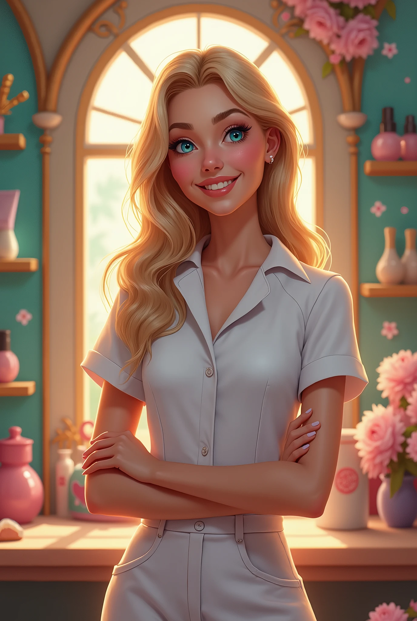 A blonde woman with blue eyes,length hair, work clothes as a beautician, Disney art.