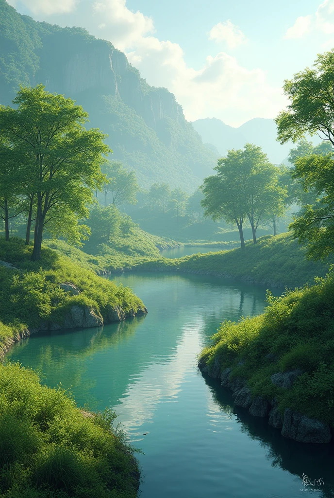 a plot of land with a pond and trees rotates around its axis