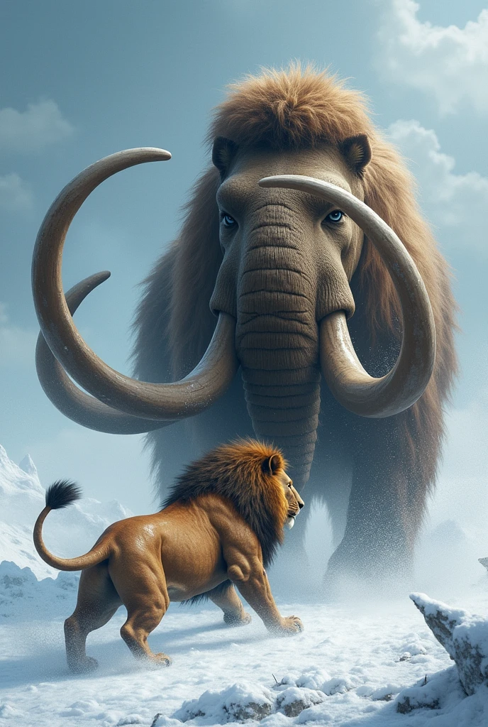 Create a vivid narrative of a confrontation between a prehistoric lion and a mighty woolly mammoth. The lion, swift and agile, tries to overpower the mammoth with a surprise attack. However, the mammoth, using its sheer size, strength, and tusks, manages to fend off the lion and deliver a decisive blow. In the end, the mammoth stands victorious, while the lion lays lifeless on the cold, snowy ground. Focus on the action, intensity, and final moments of the battle, capturing the primal instincts and survival tactics of both creatures."