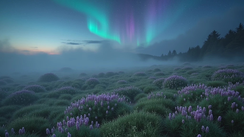 A blooming heather field is drowning in pre-dawn mist, the eastern horizon brightens, the sun has not risen yet, a ribbon of polar lights dances in the sky, in the pre-dawn sky and through the aurora borealis the stars are visible as pale dots, high above the horizon one azure star burns brightly
